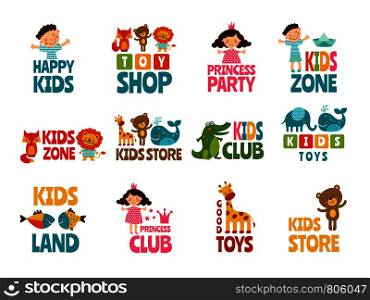 Different logos for kids with funny colored illustrations. Child area, playroom or store vector. Different logos for kids with funny colored illustrations
