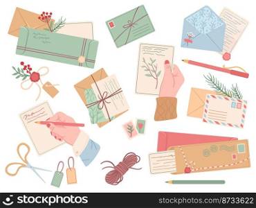 Different mail envelopes. Packing letters in envelope and waxing st&. Hand writen postcards, isolated vintage cards and invitation, neat vector set. Illustration of mail envelope letter. Different mail envelopes. Packing letters in envelope and waxing st&. Hand writen postcards, isolated vintage cards and invitation, neat vector set