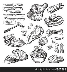 Different meat food. Pork, bacon and kitchen accessories. Knife and axe vector. Hand drawn meat and knife for cut beef illustration. Different meat food. Pork, bacon and kitchen accessories. Knife and axe vector hand drawn picture