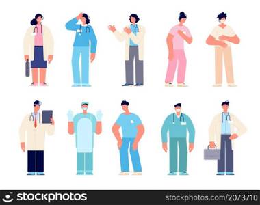 Different medical characters. Man doctors nurse, doctor with mask. Cartoon dentist, male surgeons. Hospital female work, intern vector set. Medicine nurse and physician, doctor professional surgeon. Different medical characters. Man doctors nurse, doctor with mask. Cartoon dentist, male surgeons. Hospital female work, intern utter vector set