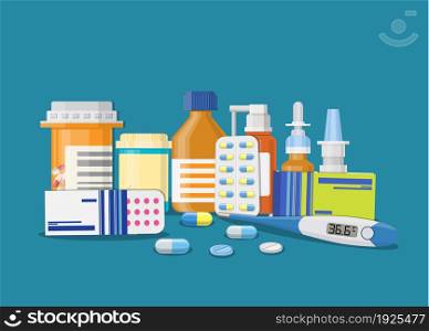 Different medical pills and bottles, healthcare and shopping, pharmacy, drug store. Vector illustration in flat style. Different medical pills and bottles,