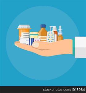 Different medical pills and bottles in hand of doctor, healthcare and shopping, pharmacy, drug store. Vector illustration in flat style. Different medical pills and bottles in hand