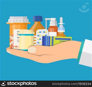 Different medical pills and bottles in hand of doctor, healthcare and shopping, pharmacy, drug store. Vector illustration in flat style. medical pills and bottles in hand of doctor