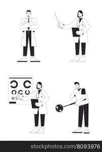 Different medical specialists flat line black white vector characters set. Editable isolated outline full body people. MD simple cartoon style spot illustration pack for web graphic design, animation. Different medical specialists flat line black white vector characters set