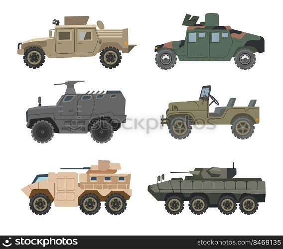 Different military vehicles vector illustrations set. Collection of drawings of armored cars, trucks, tanks, Humvee for armed forces on white background. War, army, transportation, technology concept