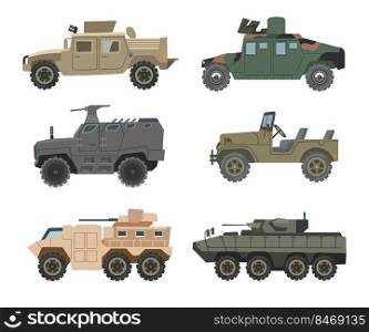 Different military vehicles vector illustrations set. Collection of drawings of armored cars, trucks, tanks, Humvee for armed forces on white background. War, army, transportation, technology concept