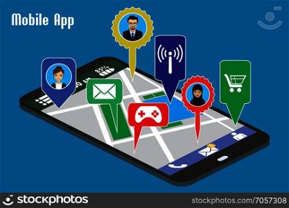 Different mobile applications and avatars on smart phone screen ,Flat vector illustration. Different mobile applications and avatars on smart phone screen