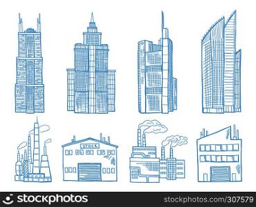 Different modern building with offices, industry and factories. Hand drawn illustration building architecture vector. Different modern building with offices, industry and factories hand drawn illustration