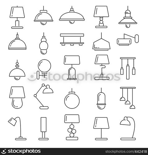 Different modern lamps. Vector illustrations in linear style. Home or office lamp furniture line. Different modern lamps. Vector illustrations in linear style