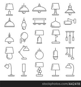 Different modern lamps. Vector illustrations in linear style. Home or office lamp furniture line. Different modern lamps. Vector illustrations in linear style