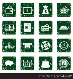 Different money icons set in grunge style green isolated vector illustration. Different money icons set grunge
