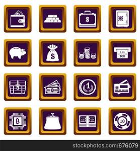 Different money icons set in purple color isolated vector illustration for web and any design. Different money icons set purple