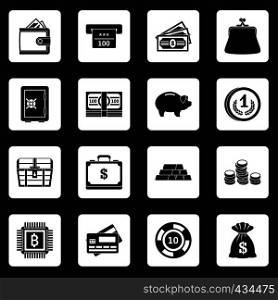 Different money icons set in white squares on black background simple style vector illustration. Different money icons set squares vector