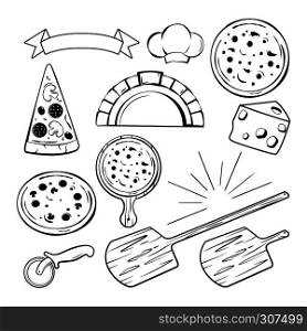 Different monochrome elements for pizza banners, labels or logos design. Vector illustration. Pizza italian and accessories for pizza making. Different monochrome elements for pizza banners, labels or logos design. Vector illustration
