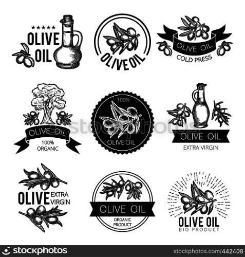 Different monochrome labels of olive products and ingredients. Vector pictures for package design with place for your text. Olive oil sticker and label illustration. Different monochrome labels of olive products and ingredients. Vector pictures for package design with place for your text