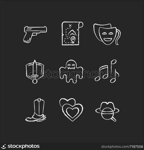 Different movie styles and genres chalk white icons set on black background. Popular film and TV show types. Media entertainment, filmmaking industry. Isolated vector chalkboard illustrations