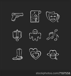 Different movie styles and genres chalk white icons set on black background. Popular film and TV show types. Media entertainment, filmmaking industry. Isolated vector chalkboard illustrations