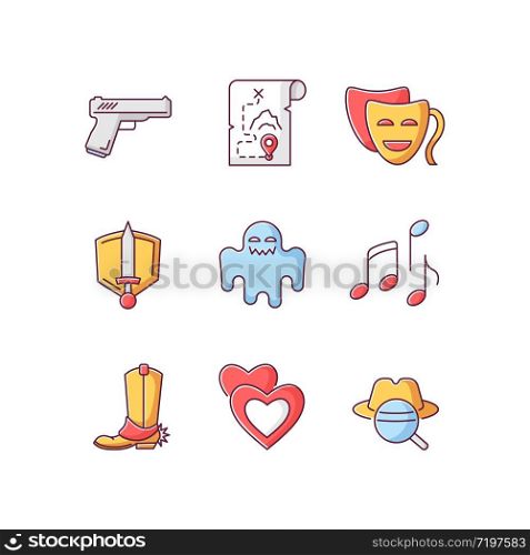 Different movie styles and genres RGB color icons set. Popular film and TV show types. Media entertainment, filmmaking industry. Isolated vector illustrations