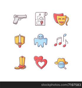 Different movie styles and genres RGB color icons set. Popular film and TV show types. Media entertainment, filmmaking industry. Isolated vector illustrations