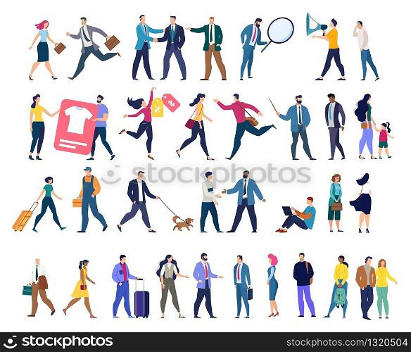 Different Multinational People Characters Flat Vector Set Isolated on White Background. Working Businesswomen and Businessmen, Tourist and Travelers with Baggage, Workman or Repairman Illustration