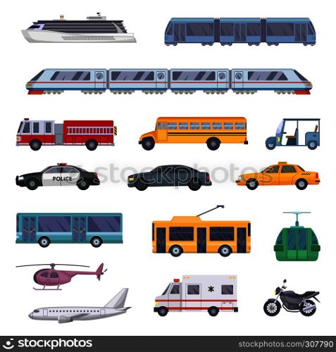 Different municipal transportation set. Vector illustrations of cars. Collection of transport ambulance and police, firetruck and taxi service car. Different municipal transportation set. Vector illustrations of cars
