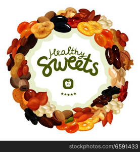 Different nuts and dried fruits for healthy diet on white background flat vector illustration. Nuts Flat Illustration