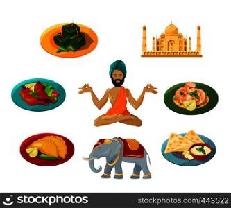 Different objects of traditional indian culture. Vector illustrations set. Indian travel and tourism, architecture and elephant, taj mahal and food. Different objects of traditional indian culture. Vector illustrations set