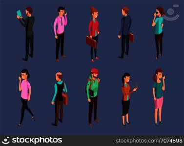 Different office people standing and using gadgets. Isometric woman and businessman vector illustration. Different office people standing and using gadgets
