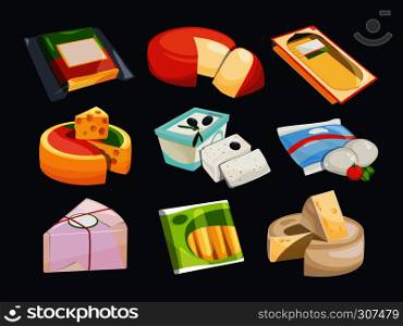 Different packaging of cheeses. Vector illustration set of variation cheese fresh. Different packaging of cheeses. Vector illustration set