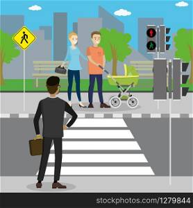 Different pedestrians in a crosswalk,City street view,flat vector illustration