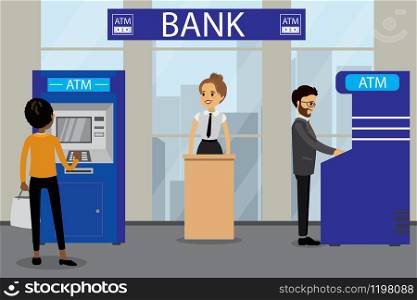 Different People and ATM bank terminals,cash machines,bank manager,humans profile and back view,bank interior,flat vector illustration