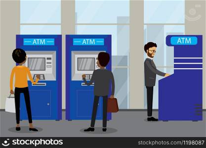 Different People and ATM bank terminals,cash machines,humans profile and back view,bank interior,flat vector illustration