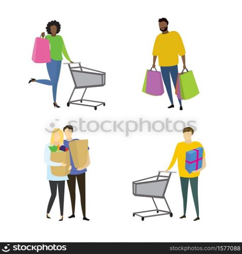 Different people buyers with shopiing bags,shopping concepts collection in trendy style,isolated on white background,vector illustration flat design. Different people buyers with shopiing bags,