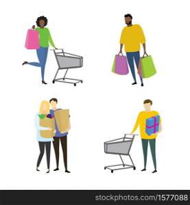 Different people buyers with shopiing bags,shopping concepts collection in trendy style,isolated on white background,vector illustration flat design. Different people buyers with shopiing bags,