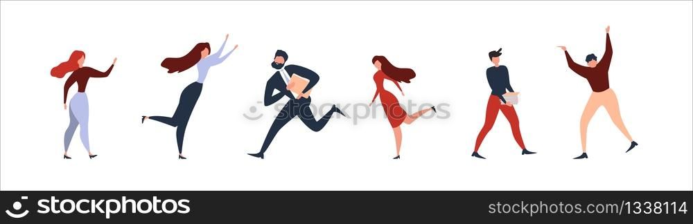 Different People Cartoon Set. Horizontal Banner Flat Template. Vector Businesspeople, Women and Men Characters Standing, Running, Hurrying, Dancing. Vector Happiness, Freedom, Motion Illustration. Different People Cartoon Set on Horizontal Banner