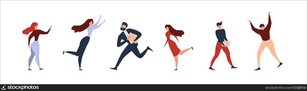 Different People Cartoon Set. Horizontal Banner Flat Template. Vector Businesspeople, Women and Men Characters Standing, Running, Hurrying, Dancing. Vector Happiness, Freedom, Motion Illustration. Different People Cartoon Set on Horizontal Banner