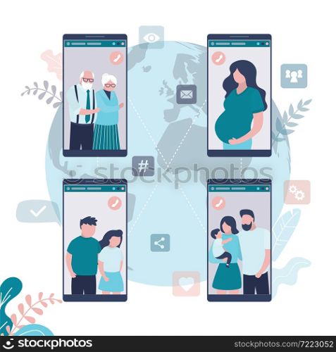 Different people communicate by video call. Pregnant woman on mobile phone screen. Family with little kid on smartphone screen. Concept of new technology and online conference.Flat vector illustration. Different people communicate by video call. Pregnant woman on mobile phone screen. Family with little kid on smartphone screen