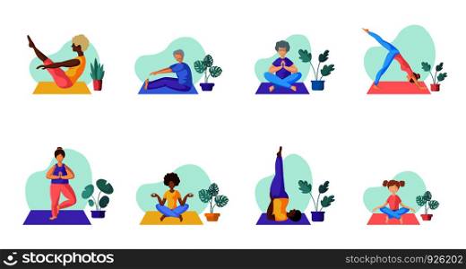 Different people doing yoga, adults, children, elderly men and women doing sport exercises. African Americans and Europeans - large group of persons. Isolated elements on white background, vector set . Yoga Different People