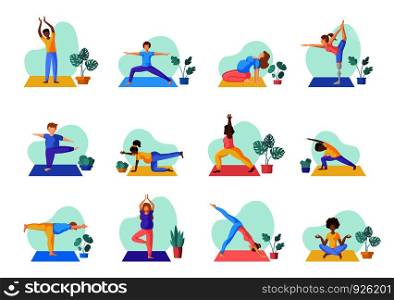 Different people doing yoga - adults, children, men and women doing sport exercises. African Americans and Europeans - large group of persons. Isolated elements on white background, vector set . Yoga Different People
