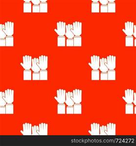 Different people hands raised up pattern repeat seamless in orange color for any design. Vector geometric illustration. Different people hands raised up pattern seamless