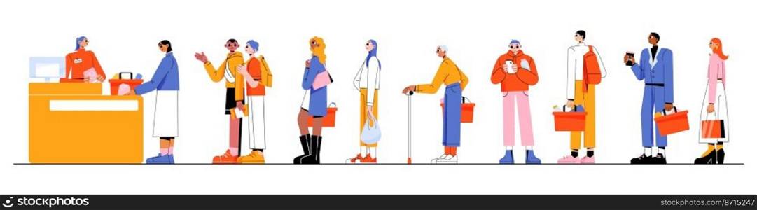 Different people in long queue in supermarket. Vector flat illustration of multiracial group, men and women, elder person with cane and students with baskets stand in line to checkout with cashier. Different people in long queue in supermarket