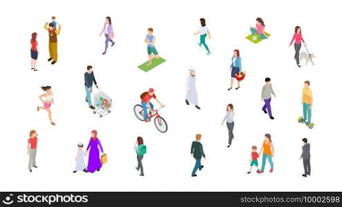 Different people. Isometric persons, kids, men, women. 3d vector active people walk, businessman, athletes isolated on white background. Woman and man walk, run and ride illustration. Different people. Isometric persons, kids, men, women. 3d vector active people walk, businessman, athletes isolated on white background