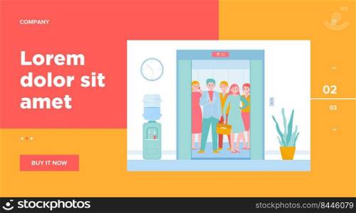 Different people lifting on elevator. Open door of office lifts with workers waiting moving inside cabin. Vector illustration for office hall, end of business, transportation concept