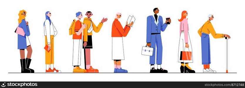 Different people stand in queue. Vector flat illustration of side view of multiracial group patiently waiting in line. Queuing girls, businessman with coffee, boys and reading elder woman. Different people stand in queue