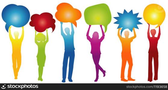 Different people talk holding speech bubble. Talking and inform. Communicate between a group of multiethnic and multicultural people who talk and share ideas. Social network. Friendship