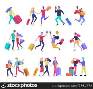 Different people travel on vacation. Tourists with laggage travelling with family, friends and alone, go on journey. Travelers in various activity with luggage and equipment. Vector illustration. Different people travel on vacation. Tourists with laggage travelling with family, friends and alone, go on journey. Travelers in various activity with luggage and equipment. Vector