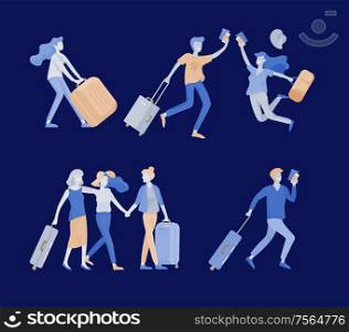 Different people travel on vacation. Tourists with laggage travelling with family, friends and alone, go on journey. Travelers in various activity with luggage and equipment. Vector illustration. Different people travel on vacation. Tourists with laggage travelling with family, friends and alone, go on journey. Travelers in various activity with luggage and equipment. Vector