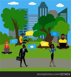 Different people use smart gadgets in the park, Internet chat and communication, cartoon vector illustration. Different people use smart gadgets in the park,