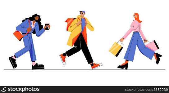 Different people walk isolated on white background. Vector flat illustration of businesswoman with coffee go to job, delivery man carry backpack, girl with shopping bags. Different people walk, businesswoman, delivery man