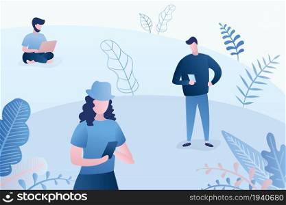 Different people with smart gadgets,park or nature landscape,trendy style vector illustration